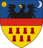 Blue, red and yellow shield with an eagle, the sun, moon and seven castle turrets