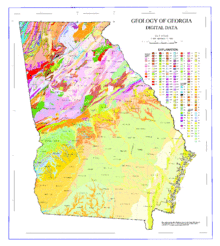 Picture of the U.S. state of Georgia divided up and colored by geologic feature.