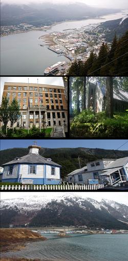 Top to bottom: Downtown, Alaska State Capitol, National Shrine of St. Thérèse, St. Nicholas Russian Orthodox Church, Juneau-Douglas Bridge