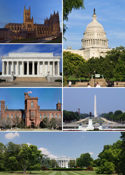 Clockwise from top right: United States Capitol, Washington Monument, the White House, Smithsonian Institution Building, Lincoln Memorial and Washington National Cathedral