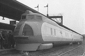 A black and white photo of Union Pacific M-10000 power car