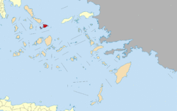 In red, Mykonos and neighboring Rineia and Delos islands within the South Aegean