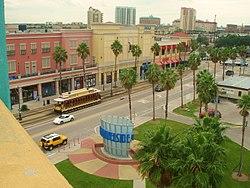 Overlooking Channelside Drive from the parking garage. Foreground: Channelside Bay Plaza Background: Harbour Island skyline