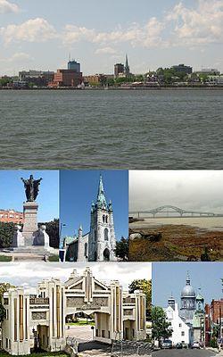 From top left: Downtown seen from the St. Lawrence River, monument to Sacré-Coeur, Trois-Rivières Cathedral, Laviolette Bridge, Pacifique Du Plessis door, Ursulines monastery