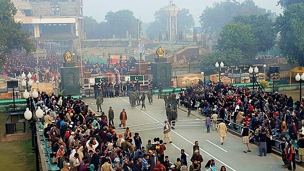 Flag ceremony at Wahga border of Pak India.jpg