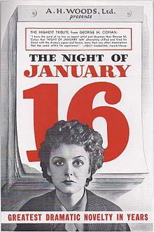 Flyer with a black and white image of Doris Nolan in front of a large daily calendar. The calendar shows "The Night of January 16" with "January 16" in red. At the bottom of the flyer is the text "greatest dramatic novelty in years" in all caps.