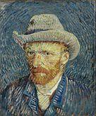  A portrait of Vincent van Gogh from the left, with a relaxed but intent look, a red beard and wearing a grey hat.