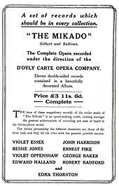 Poster advertising, in plain type, a recording of The Mikado