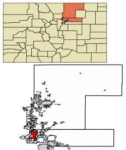 Location of the City of Thornton in Adams and Weld counties, Colorado.