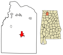 Location of Moulton in Lawrence County, Alabama.