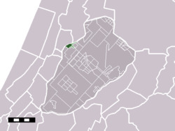 The village centre (dark green) and the statistical district (light green) of Cruquius in the municipality of Haarlemmermeer.