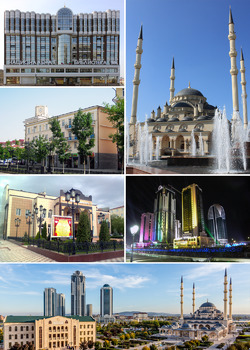Views of Grozny; top upper left: National Library of Chechen; top lower left: Vladmir Putin Avenue; top right: Akhmad Kadyrov Mosque; middle left: Khanpashi Nuradilova Drama Teater; middle right: Night view of Grozny-City Towers; bottom: Panorama View of Akhmad Kadyrov area
