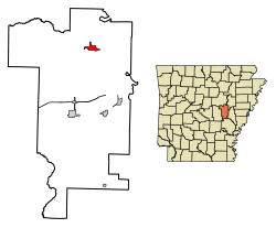 Location of Des Arc in Prairie County, Arkansas.