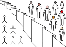 Illustration showing two groups and a wall (or veil) separating them: the first group at left are uniform stick figures, while the group at right are more diverse in terms of gender, race, and other qualities