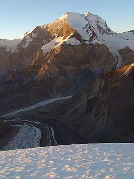 Peak Korzhenevskoi Pamir from Borodkina ridge at sunset.jpg