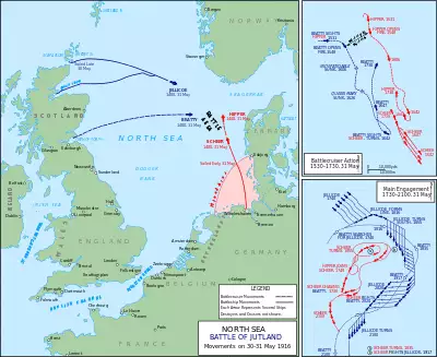 The British fleet sailed from northern Britain to the east while the Germans sailed from Germany in the south; the opposing fleets met off the Danish coast