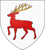 A shield of arms showing a red deer on a white ground