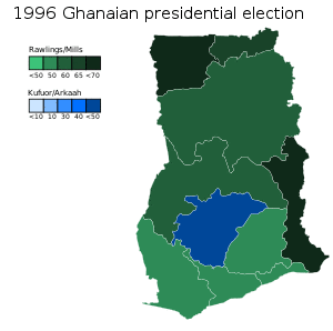 1996 Ghanaian presidential election (percentage by region).svg