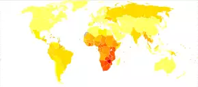 A map of the world where much of it is colored yellow or orange except for sub Saharan Africa which is colored red or dark red