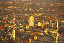 Elevated view of Mulhouse city centre at sunset