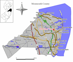 Map of Shrewsbury Township in Monmouth County. Inset: Location of Monmouth County highlighted in the State of New Jersey.