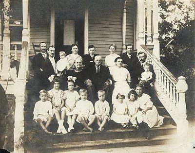 Samuel Dibble I family of Orangeburg SC c. 1912 (date and identification assumptions based on ages of children by Ann Wyatt Dibble); Back row: Samuel Dibble II, Louis Virgil Dibble, Rosa Parsons Dibble (baby), Ann Eliza Leak Wyatt Dibble, Samuel Dibble Moss, Frances Agnes Dibble Moss, Benjamin Hart Moss, Middle row: Mary Christiana Louis Dibble, Samuel Dibble, Mary "May" Henley Watson, Whitefield William Watson, Agnes Adele Watson (baby);Front row: Samuel Gabeau Dibble ? twin, Annie Leak Dibble (Bradley), Mary Louis Watson (Coleman), Thomas Wyatt Dibble ? twin, Samuel Dibble "Sam" Watson; Angelina Wannamaker Watson (Mayes), Mary Agnes Dibble (Morris), Mary Caroline Moss.