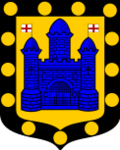 The town's coat of arms, a castle surrounded by 13 solid gold circles or heraldic bezants.