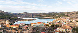 General view of Nuévalos, in the province of Zaragoza, Spain, from La Tranquera Dam on the river Piedra