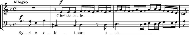  { \new StaffGroup << \new Staff << \tempo Allegro \set Staff.midiInstrument = #"voice oohs" \clef treble \key d \minor \time 4/4 \relative c'' { \set Score.tempoHideNote = ##t \tempo 4 = 112 \clef treble \key d \minor \time 4/4 R1 r8 e,^\markup {\dynamic f} e e f16 g f e f g e f g a g f g a f g a8 bes16 a g f e d cis8 } \addlyrics { Chri -- ste e -- le __ _ _ _ } >> \new Staff << \set Staff.midiInstrument = #"voice oohs" \clef bass \key d \minor \time 4/4 \new Voice \relative c' { a4.^\markup {\dynamic f} a8 f4 bes cis,4. cis8 d4 r8 d e4. d16 e f8 e16 f g8 f16 g a8 } \addlyrics { Ky -- ri -- e e -- le -- i -- son, e -- le __ _ _ _ } >> >> } 