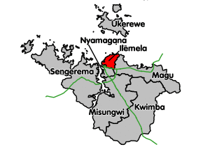 Ilemela District's location within Mwanza Region. Trunk roads in green.