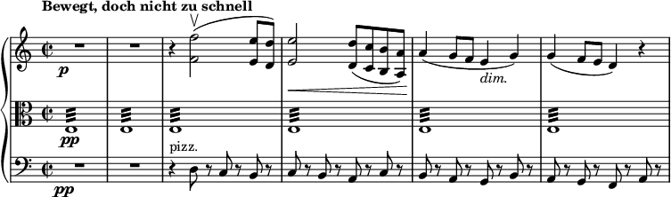  { \new PianoStaff << \new Staff \relative f' { \set Staff.midiInstrument = #"paino" \key a \minor \clef treble \time 2/2 \set Score.tempoHideNote = ##t \tempo "Bewegt, doch nicht zu schnell" 4 = 120 R1*2\p | % 3 r4 <f f'>2 ( \upbow <e e'>8 <d d'>8 ) | % 4 <e e'>2 \< <d d'>8 ( <c c'>8 <b b'>8 <a a'>8 ) | % 5 a'4 \! ( g8 f8 e4 _\markup{ \italic {dim.} } g4 ) | % 6 g4 ( f8 e8 d4 ) r4 } \new Staff \relative e { \set Staff.midiInstrument = #"piano" \key a \minor \clef alto \time 2/2 e1 \pp :32 | % 2 e1 :32 | % 3 e1 :32 | % 4 e1 :32 | % 5 e1 :32 | % 6 e1 :32 } \new Staff \relative d { \set Staff.midiInstrument = #"piano" \key a \minor \clef bass \time 2/2 R1*2\pp | % 3 r4 ^"pizz." d8 r8 c8 r8 b8 r8 | % 4 c8 r8 b8 r8 a8 r8 c8 r8 | % 5 b8 r8 a8 r8 g8 r8 b8 r8 | % 6 a8 r8 g8 r8 f8 r8 a8 r8 } >> } 