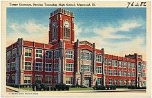 Tower entrance, Proviso Township High School, Maywood, Ill (76286).jpg
