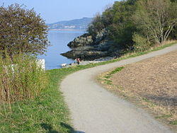 View of the Ladestien, the walking path along the fjord in Lade