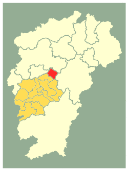Location of Xingan County (red) in Ji'an City (darker yellow) and Jiangxi (lighter yellow)
