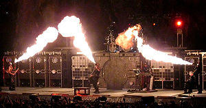 Rammstein on stage at the Globe Arena in Stockholm, Sweden on 18 November 2004