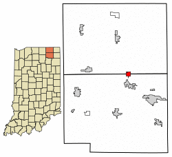Location of Wolcottville in LaGrange County and Noble County, Indiana.