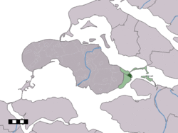 The town centre (dark green) and the statistical district (light green) of Bruinisse in the municipality of Schouwen-Duiveland.