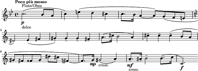 \relative c'' { \clef treble \time 4/4 \key bes \major \tempo "Poco più mosso" c2.(\p^"Flute/Oboe"_"dolce" bes8 a | c4) e( d cis | c8. bes16 a4~ a8) g( f e | \key c \major dis2) e4( fis | gis--) gis-- gis-- fis-- | a8.( cis16 b2 a4) | cis-- cis-- cis--( b8 a | gis fis fisis gis dis' cis fis,4~ | fis8.) g16\mp gis2(_"cresc." a4) | a8.--\mf_"cresc." ais16-- b2-- b8.( c16 | c,2.\f) }