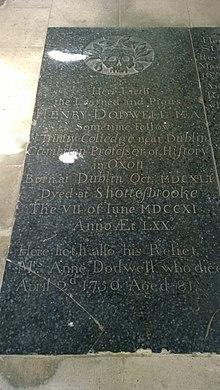 Grave of Professor Henry Dodwell M.A. Sometime Fellow of Trinity College near Dublin Cambden Profesor of History in OXON.jpg