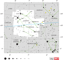 Diagram showing star positions and boundaries of the Gemini constellation and its surroundings