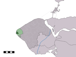 The village centre (dark green) and the statistical district (light green) of Westkapelle in the municipality of Veere.