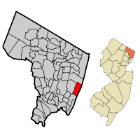 Map highlighting Englewood Cliffs' location within Bergen County. Inset: Bergen County's location within New Jersey