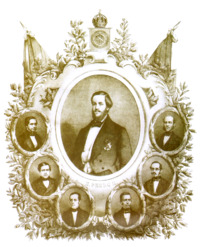 An illustration with an oval portrait of the Emperor surmounted by a crown and flags with oval portraits of six men arranged below the Emperor's portrait