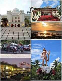 Clockwise from top left: Cebu Provincial Capitol, Cebu Taoist Temple, Sunset over Hilotongan near Bantayan Island, Lapu-Lapu Shrine in Mactan, Ayala Center Cebu, Traffic on Gorordo Avenue
