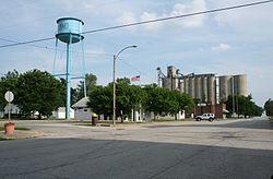 Water tower, Post Office, Goose Creek Library and grain elevators in downtown De Land, 2007