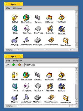 Of these two OpenTracker windows containing computer icons for BeOS software applications, the bottom window features a single-window navigation mode introduced in OpenTracker.