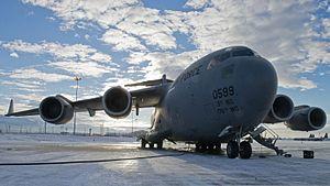 A U.S. Air Force C-17 Globemaster III aircraft attached to the 517th Airlift Squadron undergoes preflight checks at Joint Base Elmendorf-Richardson, Alaska, before participating in Operation Damayan Nov. 13 131113-F-NZ143-006.jpg