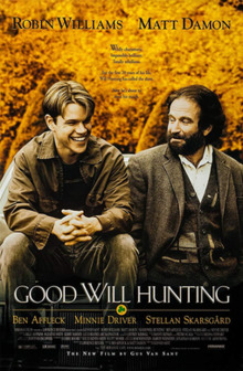 Photo of Robin Williams (right, name superimposed at top left) and a smiling Matt Damon (left, name superimposed at top right)