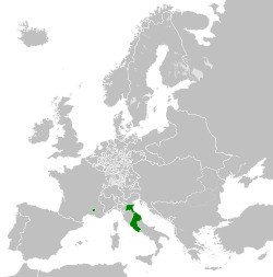 Map of the Papal States (green) in 1789 before the French seized papal lands in France, including its exclaves of Benevento and Pontecorvo in Southern Italy, and the Comtat Venaissin and Avignon in Southern France.