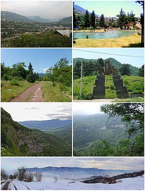 From top left: Ijevan skyline • Ijevan central park Ijevan Dendropark • World War II memorial Gugark Mountains • Ijevan Wildlife Sanctuary Winter panorama of Ijevan area